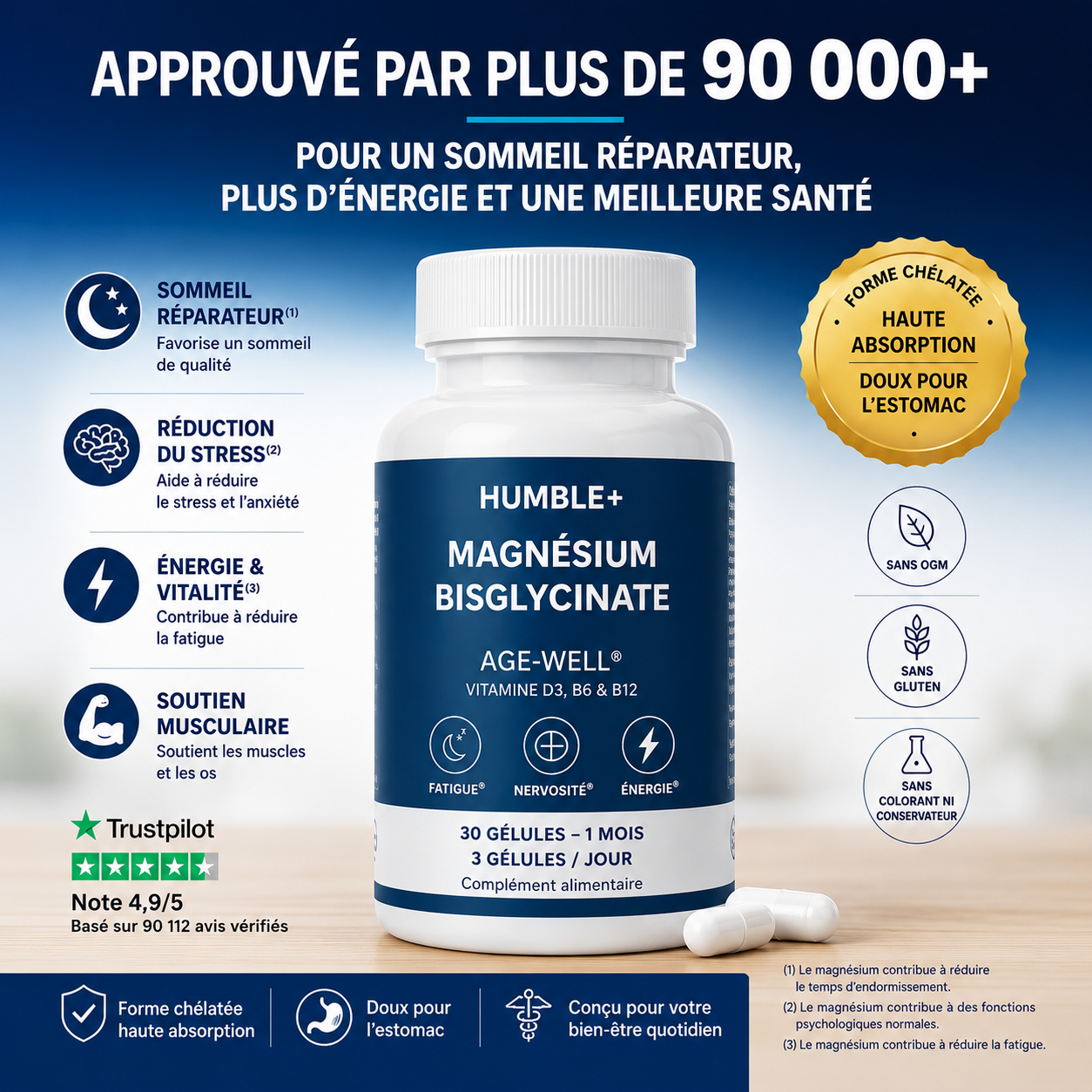 Magnésium Bisglycinate HUMBLE+ (30 Gélules) - Sommeil, Stress & Énergie