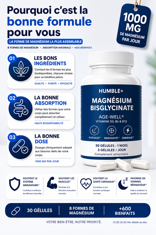 Magnésium Bisglycinate HUMBLE+ (30 Gélules) - Sommeil, Stress & Énergie