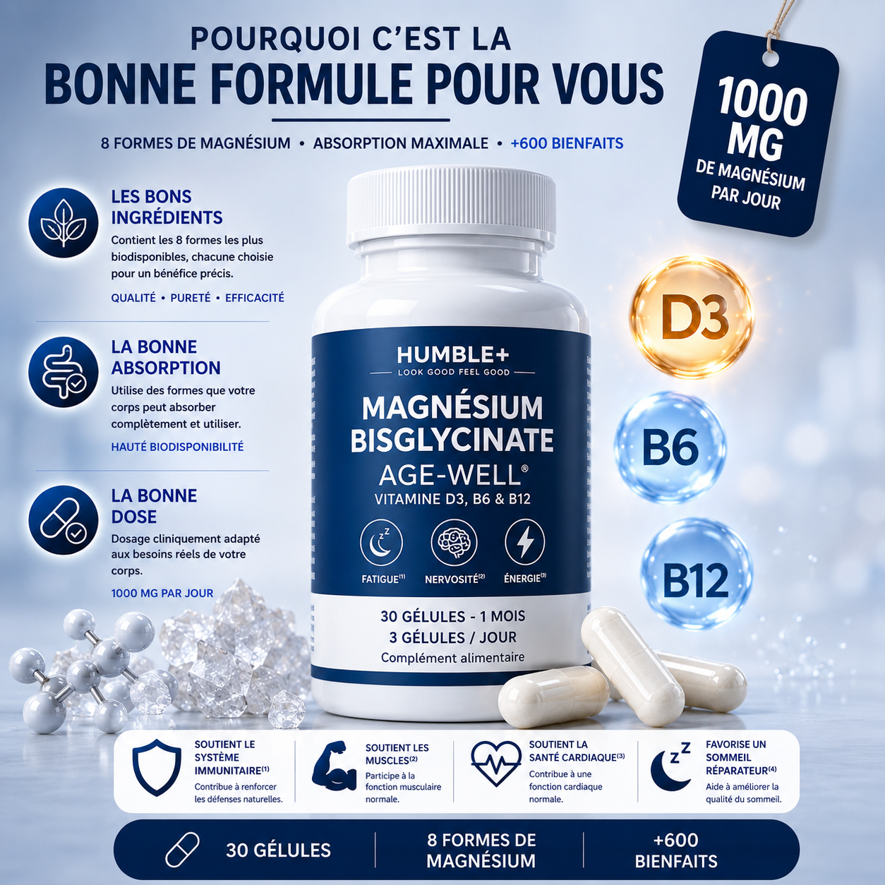 Magnésium Bisglycinate HUMBLE+ (30 Gélules) - Sommeil, Stress & Énergie